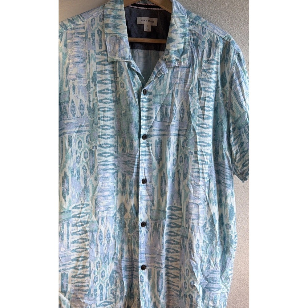 Sun + Stone Mens Abstract Ikat Geometric Print Short Sleeve Rayon Shirt L Large